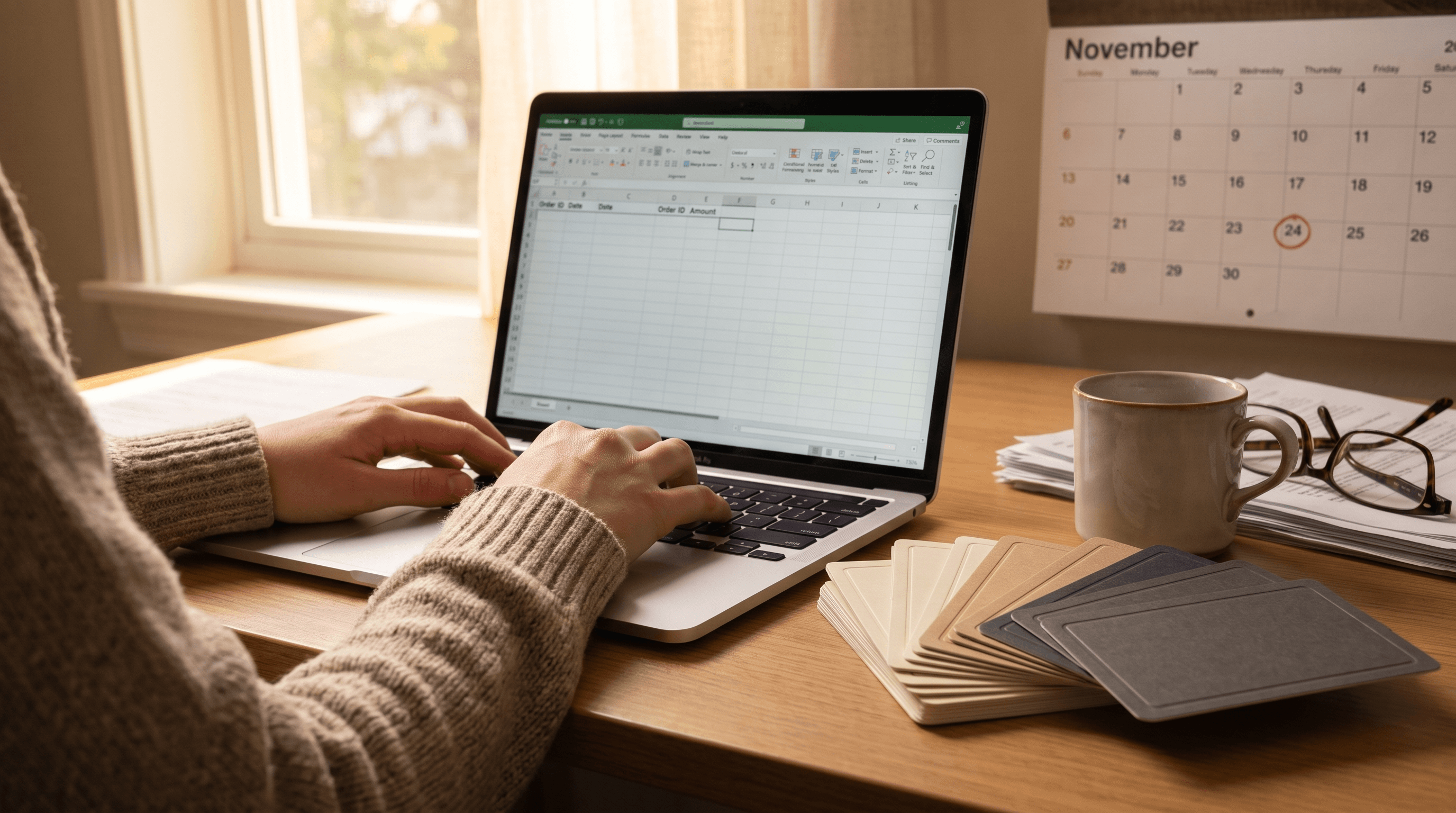 A shop owner works through a customer export spreadsheet on a laptop, with a fanned stack of matte gift cards and a wall calendar marking November 24 on the desk beside them