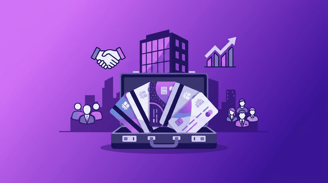 Briefcase opening to reveal fanning gift cards with corporate icons