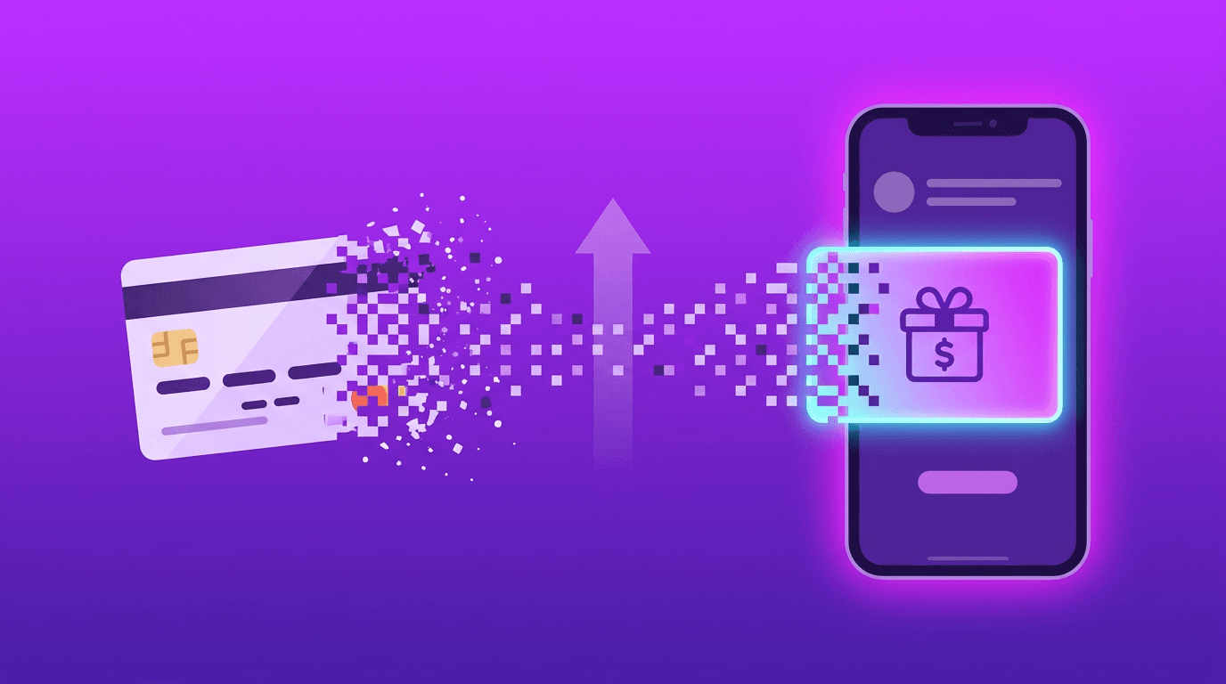 Physical gift card dissolving into digital gift card on smartphone