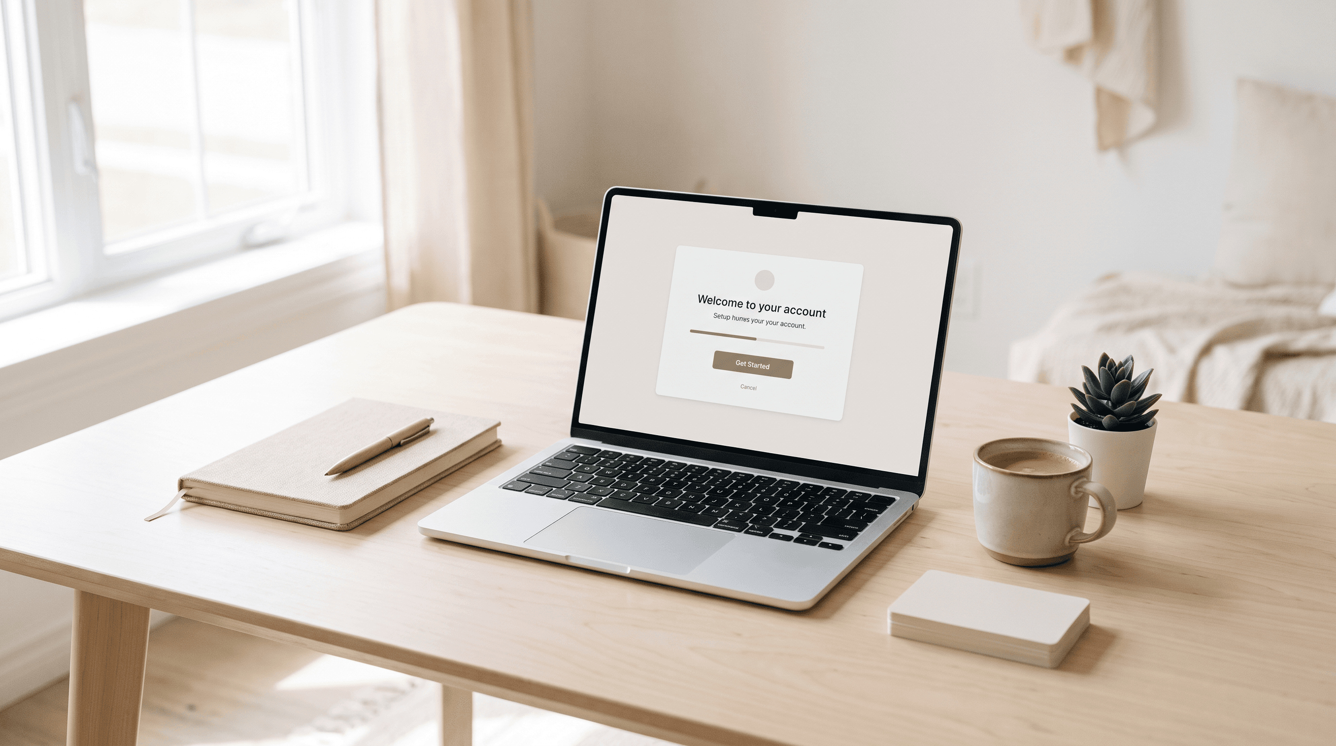 A laptop showing an account setup screen on a bright minimal desk with a new notebook and coffee