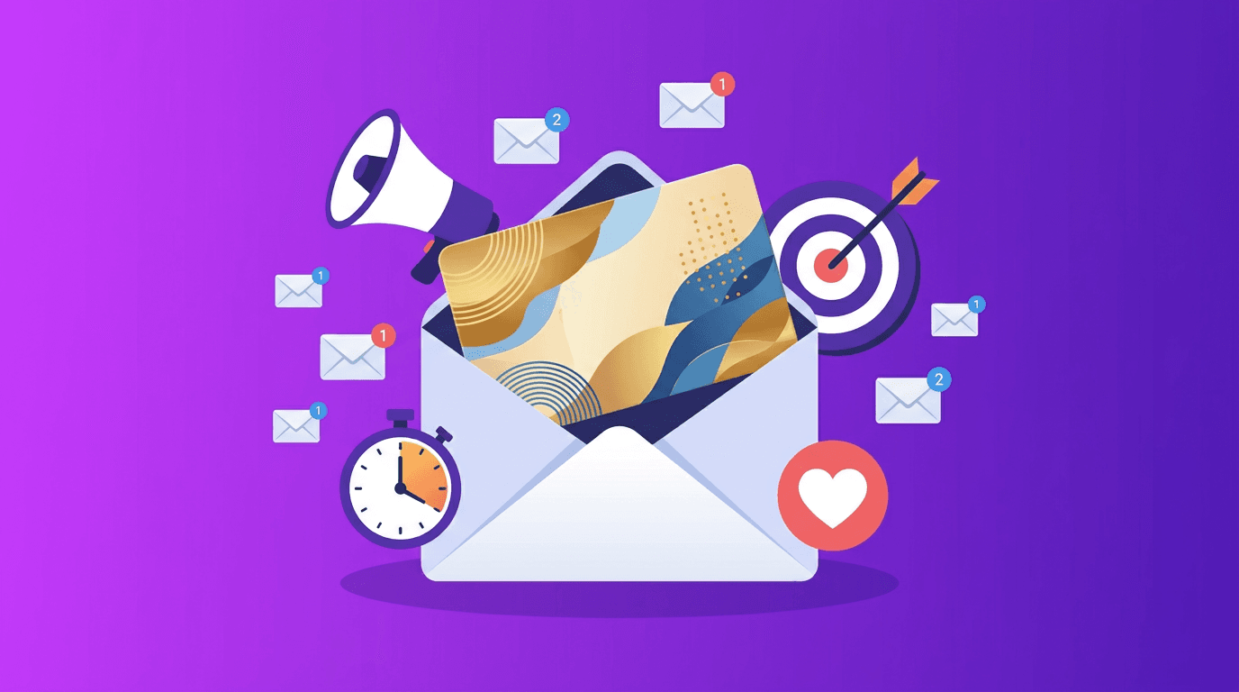 Gift card emerging from email envelope with marketing icons