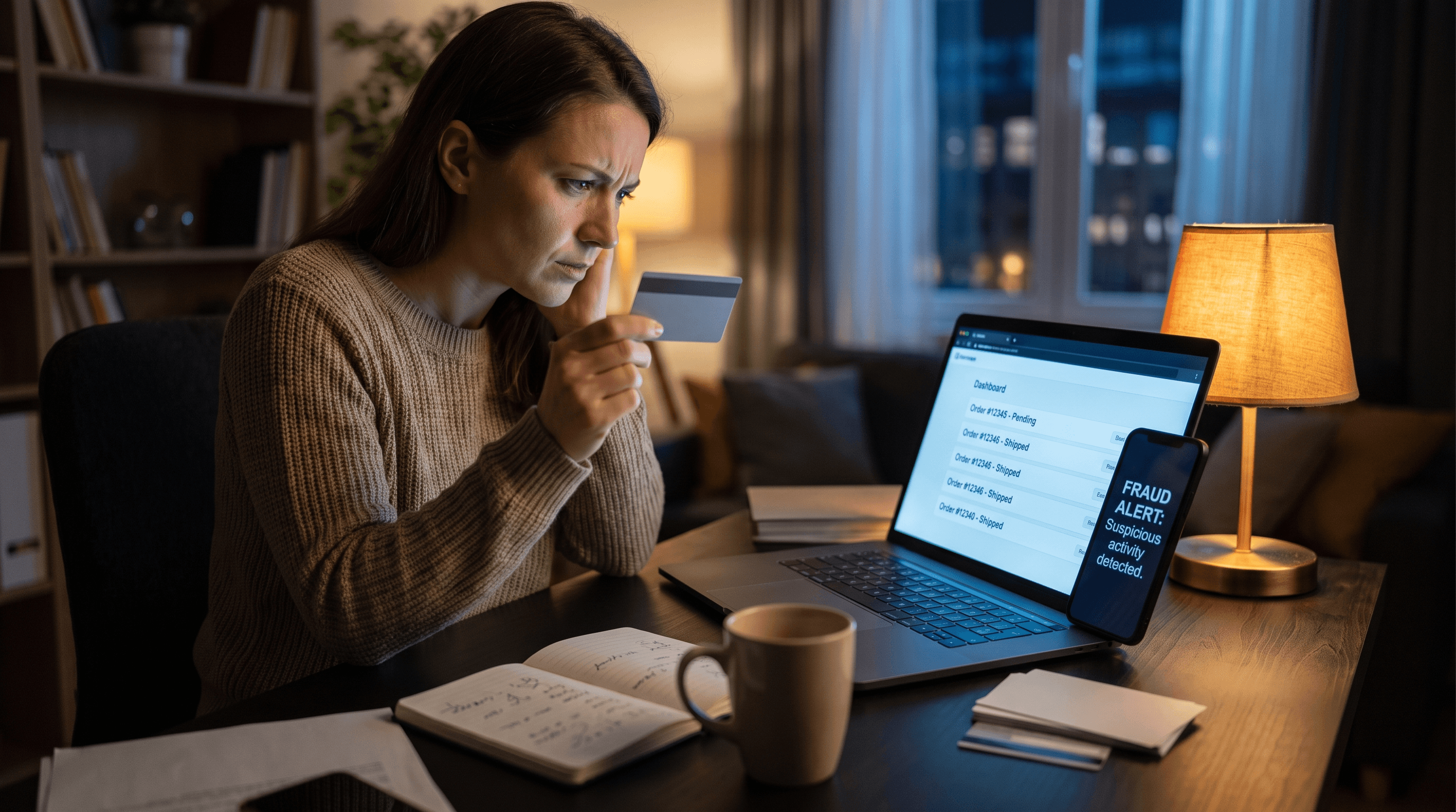 A shop owner examining a gift card at her desk at night while a fraud alert shows on her phone
