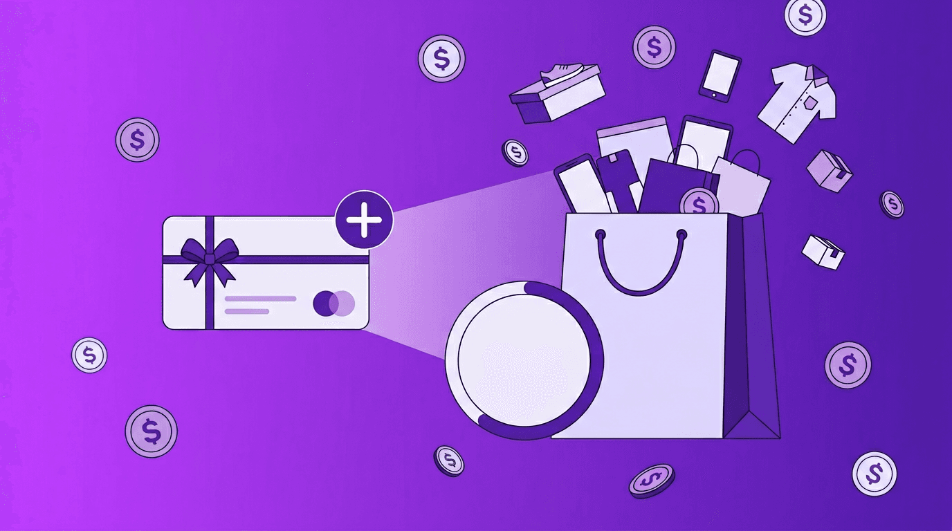 Gift card expanding into overflowing shopping bag showing overspend