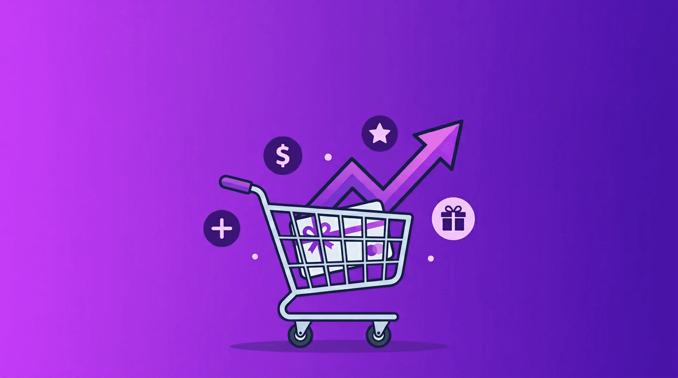 Shopping cart with gift card and upward trending revenue graph