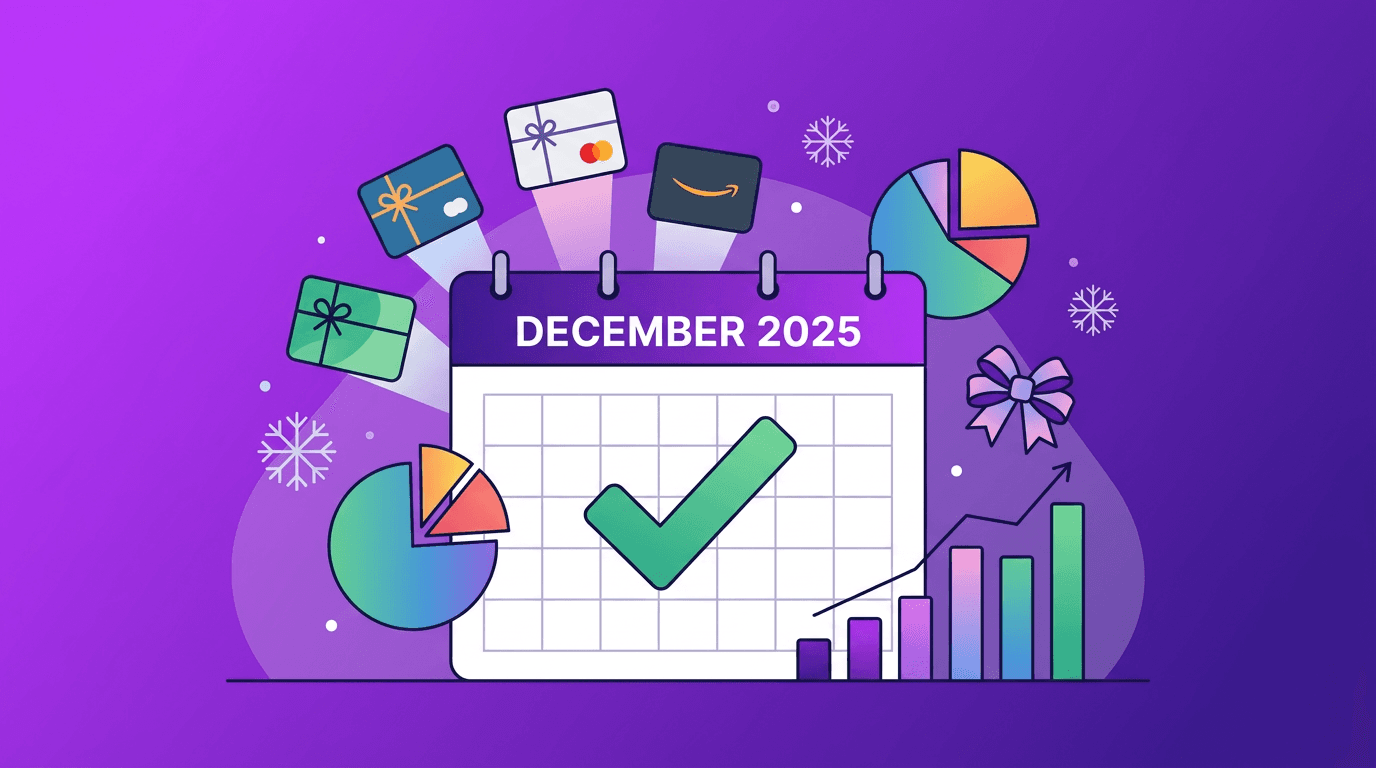 December 2025 calendar with gift cards and sales charts