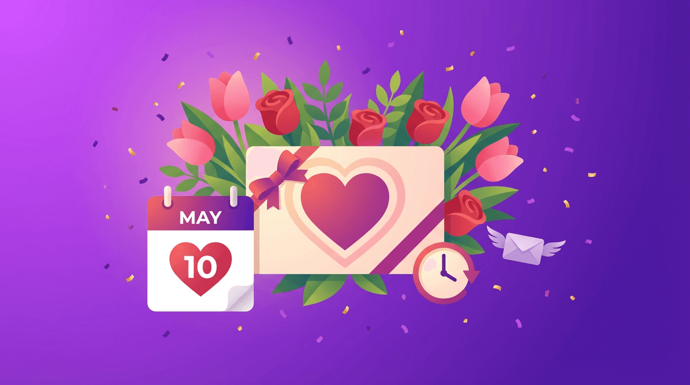 Mother's Day gift card with flowers and a calendar showing May 10