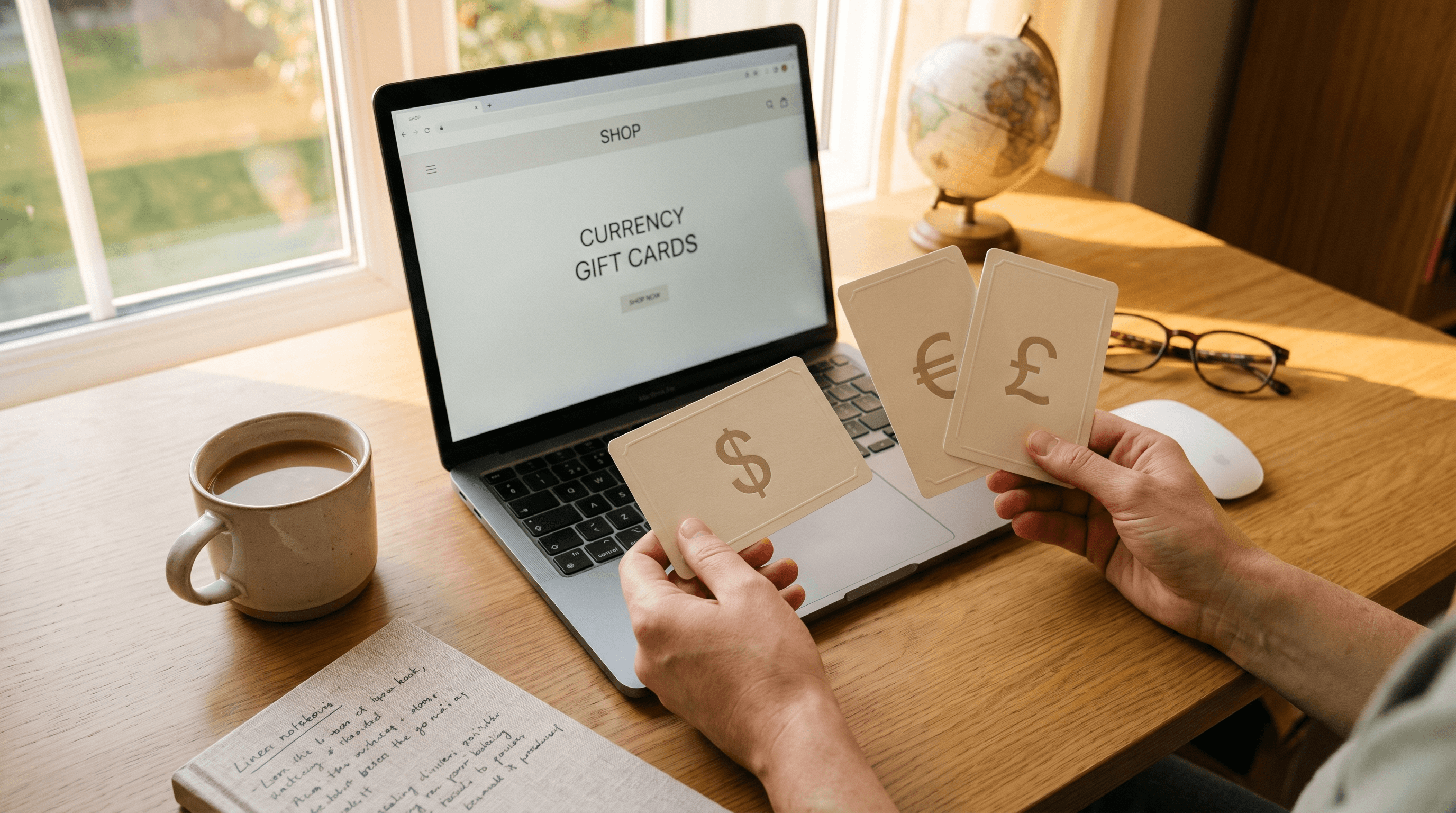 A shop owner holds three matte cream gift cards marked with dollar, euro and pound symbols beside a laptop showing a plain currency gift cards page, with coffee, a globe and a notebook on a sunlit wooden desk