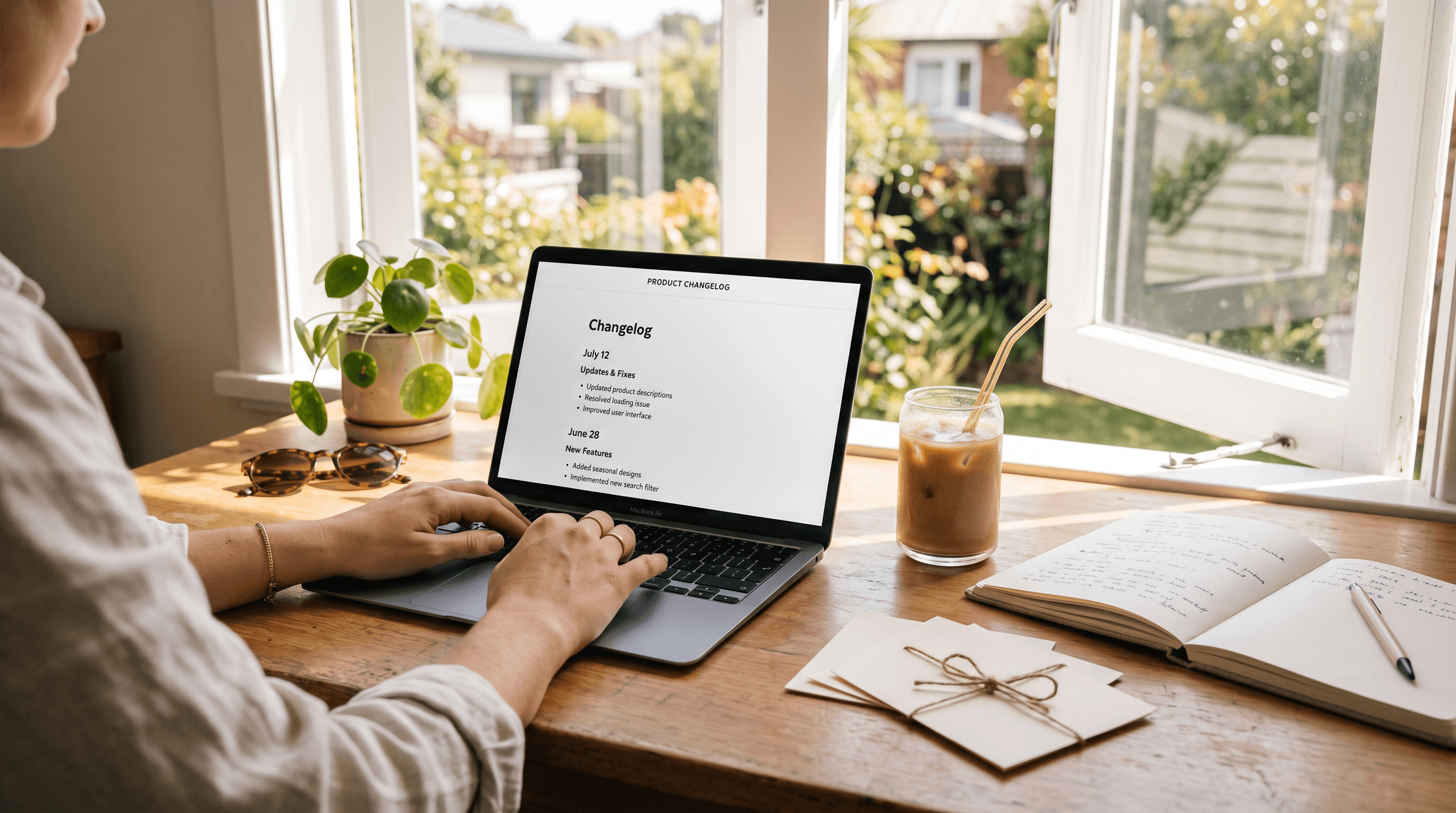 A merchant reading a product changelog on a laptop at a sunlit desk with an iced coffee and notes