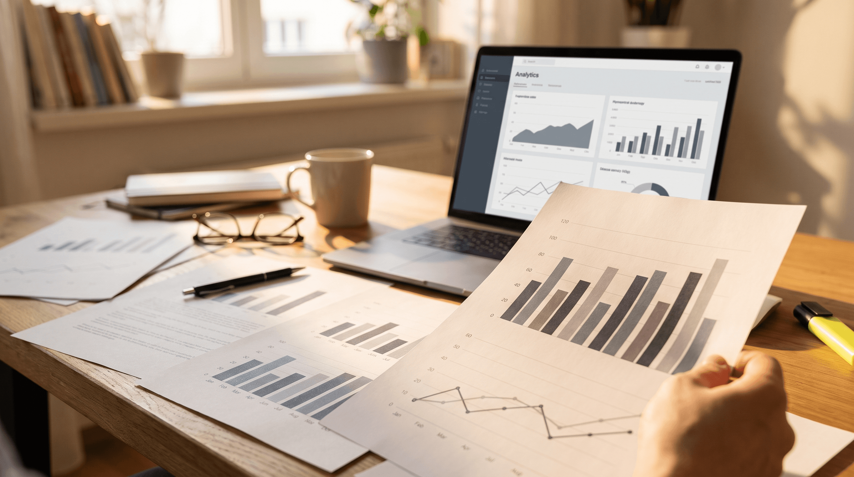 Printed charts spread across a desk beside a laptop analytics dashboard in afternoon light