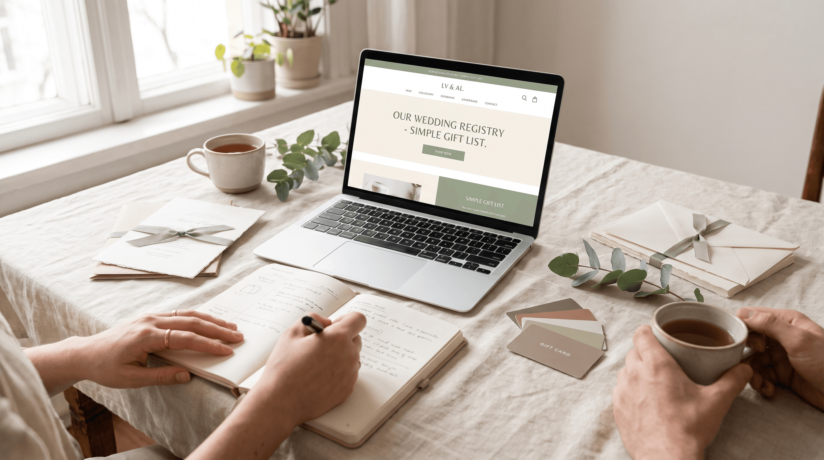 A couple planning a wedding registry at a linen-covered table with stationery, eucalyptus and gift cards
