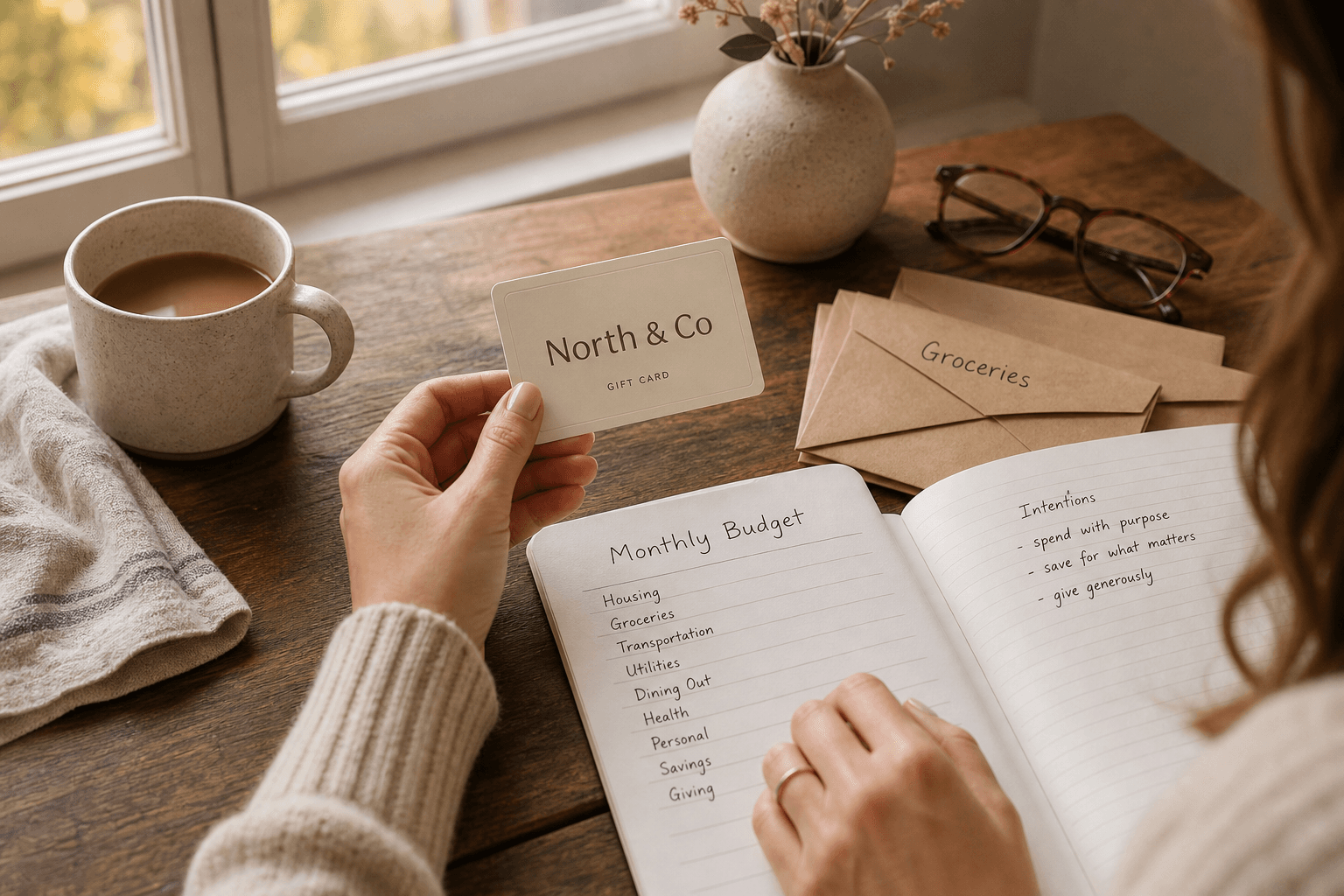 Hands holding a cream gift card beside a handwritten monthly budget notebook and kraft envelopes on a sunlit wooden desk